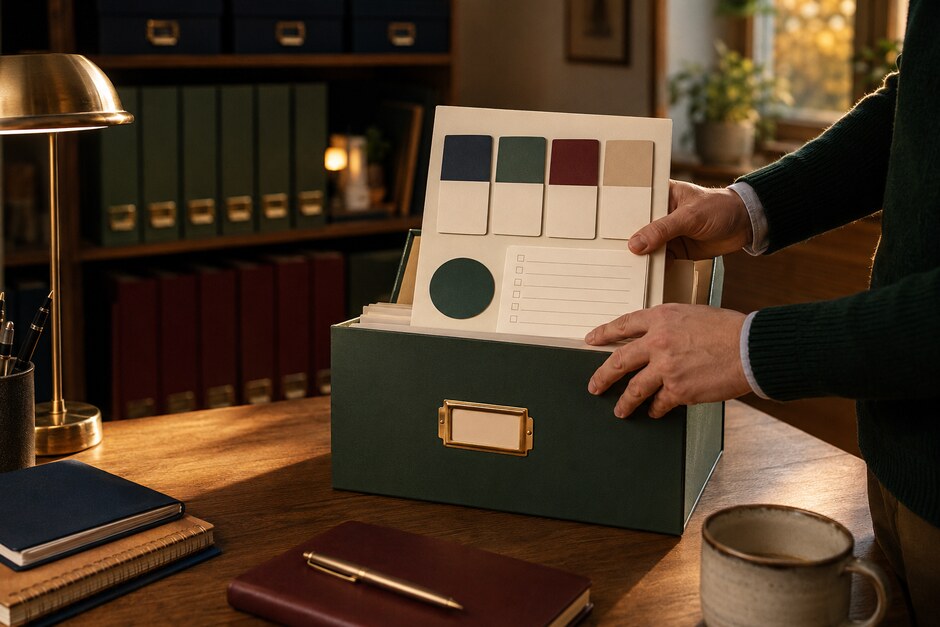 A completed project review being placed into a colour-coded archive for future use.