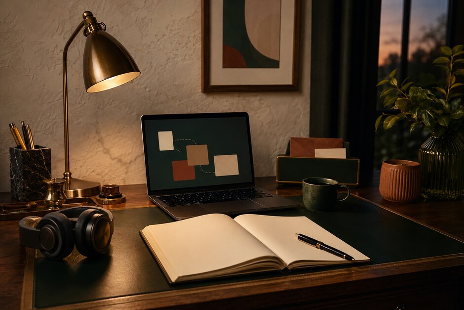 A warm correspondence desk with an open notebook, abstract communication blocks, headphones, and a brass lamp.